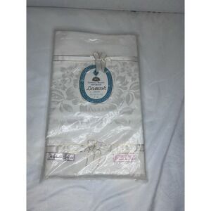 Vintage Damask Linen Tablecloth floral Cream cotton rayon Japan 50x66" Rectangle